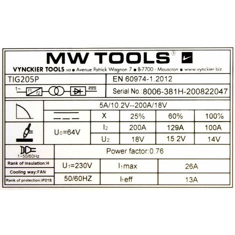 Poste à Souder Inverter TIG DC Pulse 200 A + Accessoires MW-Tools TIG205P 5 Poste à Souder Inverter TIG DC Pulse 200 A + Accessoires MW-Tools TIG205P – Image 5
