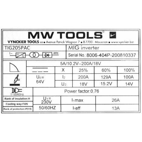 Poste à Souder TIG AC/DC Pulse 200 A + Accessoires MW-Tools TIG205PAC 5 Poste à Souder TIG AC/DC Pulse 200 A + Accessoires MW-Tools TIG205PAC – Image 5