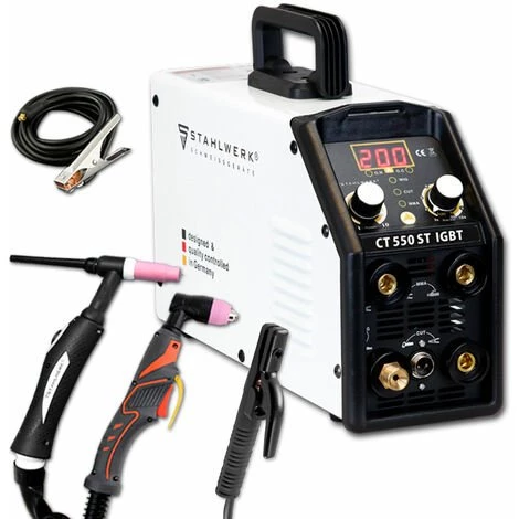 STAHLWERK CT550 ST - Soudeuse Compacte TIG / MMA Avec Coupeuse Plasma Jusqu'à 12 Mm, TIG / MMA 200 A + Coupe 50 A, Garantie* 7 Ans 1 STAHLWERK CT550 ST - Soudeuse Compacte TIG / MMA Avec Coupeuse Plasma Jusqu'à 12 Mm, TIG / MMA 200 A + Coupe 50 A, Garantie* 7 Ans